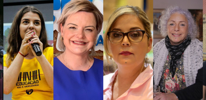 Montagem com as candidatas à prefeitura de Curitiba. Da esquerda para a direita: Christiane Yared (PL), Camila Lanes (PCdoB), Caroline Arns (Podemos), Marisa Lobo (Avante), Letícia Lanz (PSOL) e Samara Garratini (PSTU).