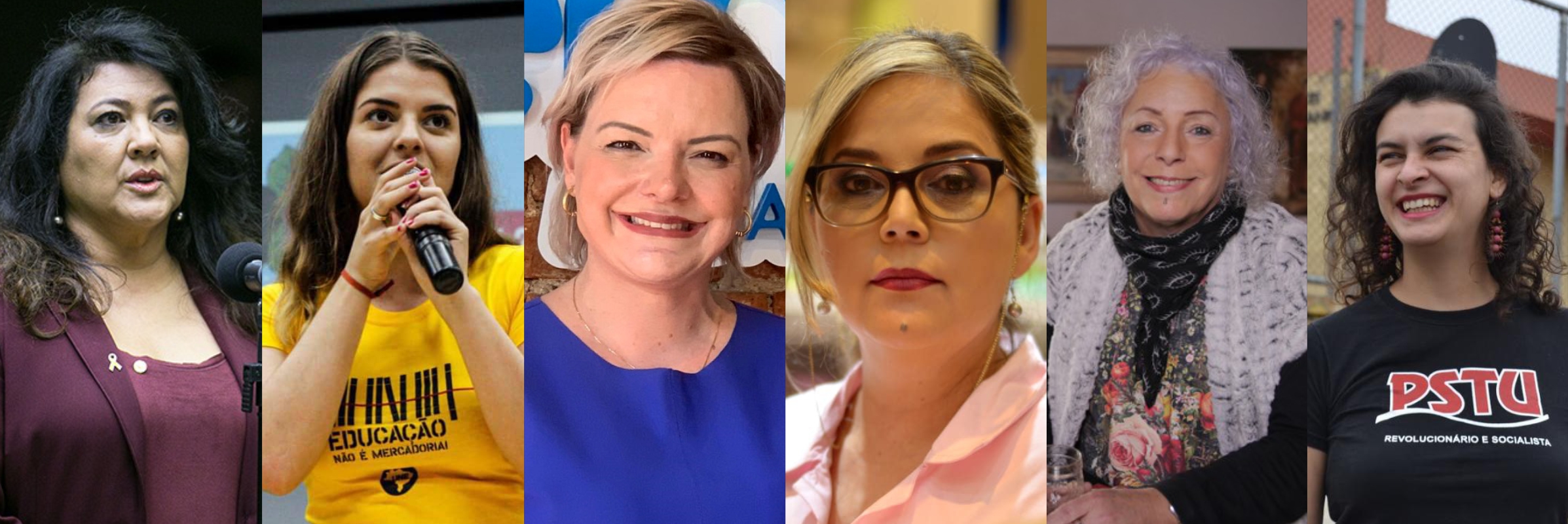Montagem com as candidatas à prefeitura de Curitiba. Da esquerda para a direita: Christiane Yared (PL), Camila Lanes (PCdoB), Caroline Arns (Podemos), Marisa Lobo (Avante), Letícia Lanz (PSOL) e Samara Garratini (PSTU).