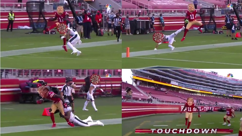 Capturas de tela de um vídeo publicado em 6 de outubro, no perfil TeamTrump, no Instagram, que conta com 1,2 milhão de seguidores. Dois dias depois, o vídeo, que representa Donald Trump marcando um "Touchdown" contra o coronavírus, já estava com 233 mil visualizações.
